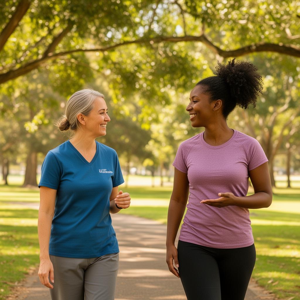 Recovery coach having a walking conversation outdoors